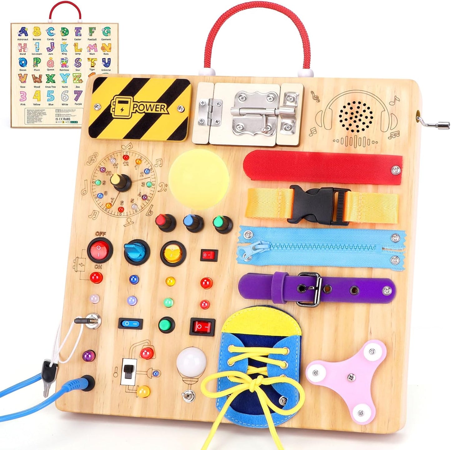 Busy Board 23 in 1 Montessori Toy for Toddlers Age 1 to 3 Wooden Educational Learning Toy with 15 Switches 26 LED Lights Music Box Lock Zipper Sensory Toy for Soothing Infants