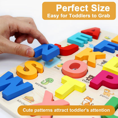 MAYAPHILOS Wooden Alphabet Puzzle, Learn Spanish for Kids with 27 Spanish Letters, Colorful ABC Shape Puzzles for Kids, Preschool Educational Learning Toys for Girls and Boys