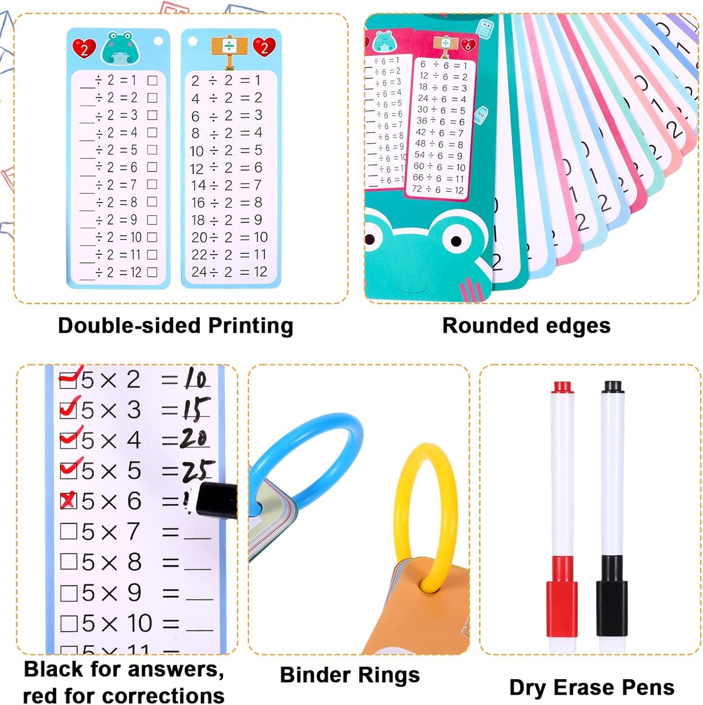 36Pcs Multiplication and Division Flash Cards, Math Flash Cards with 4 Markers 2 Rings, 0-12 Dry Erase Educational Time Table Flash-Cards for 1st to 3rd Grades Home School Fun Learning with Math Game