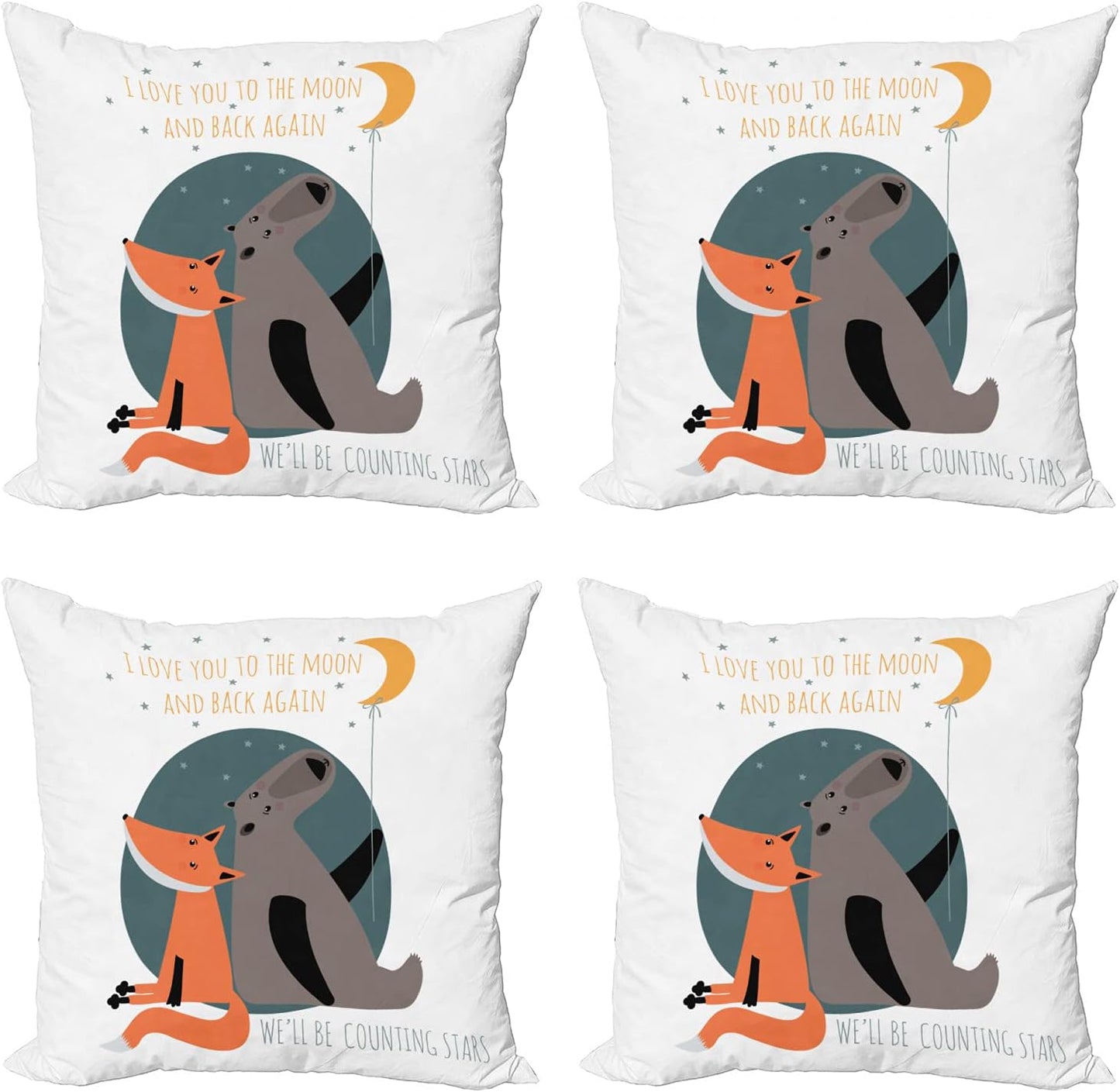 Ambesonne I Love You Decorative Throw Pillow Case Pack of 4, Bear and Fox in Love Counting Stars at Night Animal Birthday Print, Cushion Cover for Couch Living Room Car, 16", Orange Slate Blue Grey