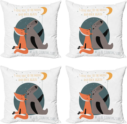 Ambesonne I Love You Decorative Throw Pillow Case Pack of 4, Bear and Fox in Love Counting Stars at Night Animal Birthday Print, Cushion Cover for Couch Living Room Car, 16", Orange Slate Blue Grey
