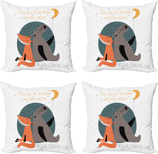 Ambesonne I Love You Decorative Throw Pillow Case Pack of 4, Bear and Fox in Love Counting Stars at Night Animal Birthday Print, Cushion Cover for Couch Living Room Car, 16", Orange Slate Blue Grey