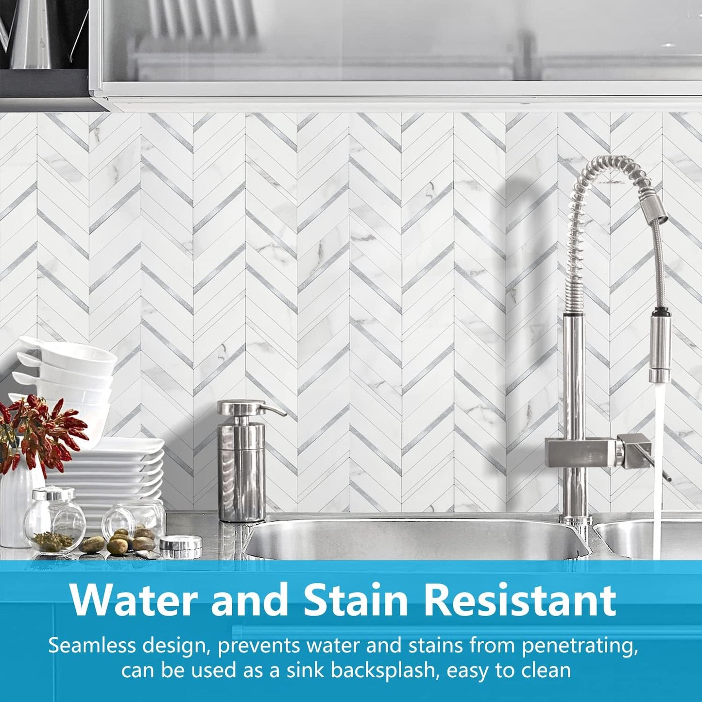 STICKGOO 10-Sheet Herringbone Tile Peel and Stick Backsplash, Beige Mixed Metal Gold PVC Stick on Backsplash, Self Adhesive Wall Tile for Kitchen and Bathroom