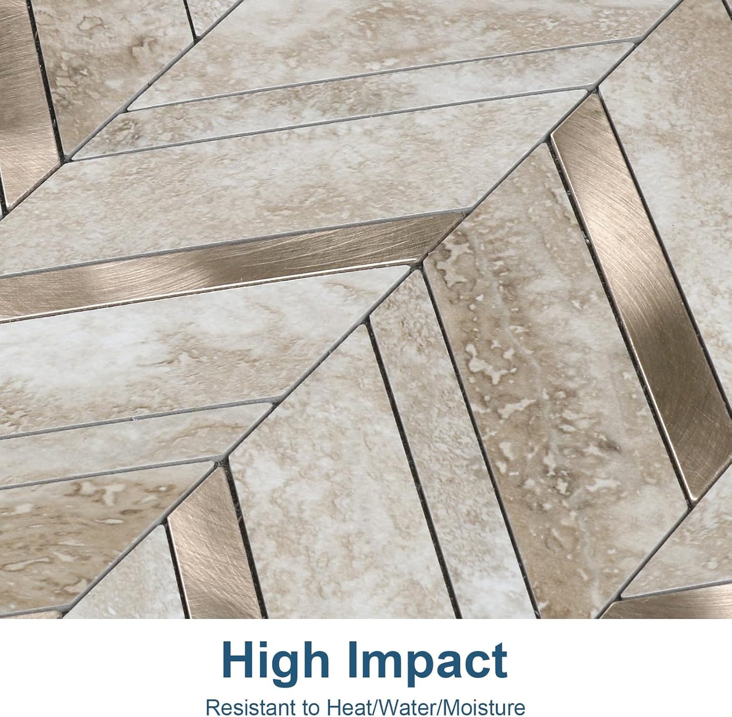 Yipscazo 10 Sheets Herringbone Backsplash Peel and Stick Tile, Marble Calacata Mixed Metal Gold PVC Stick on Backsplash for Kitchen, Waterproof Self Adhesive Wall Tile for Bathroom
