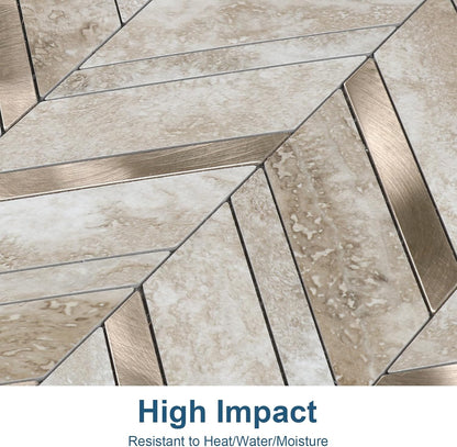 Yipscazo 10 Sheets Herringbone Backsplash Peel and Stick Tile, Marble Calacata Mixed Metal Gold PVC Stick on Backsplash for Kitchen, Waterproof Self Adhesive Wall Tile for Bathroom