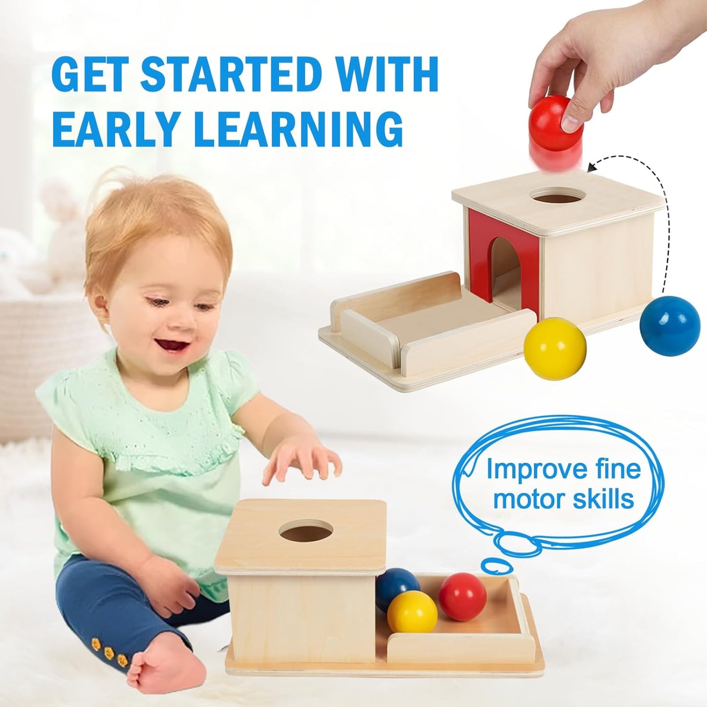 Adena Montessori Wooden Toy for 6-12 Month Baby 3 Balls with Tray, Object Permanence Box Colorful Learning Education Toy for Toddler Kid 1-2 Year Old, Preschool Developmental Girl and Boy Gift