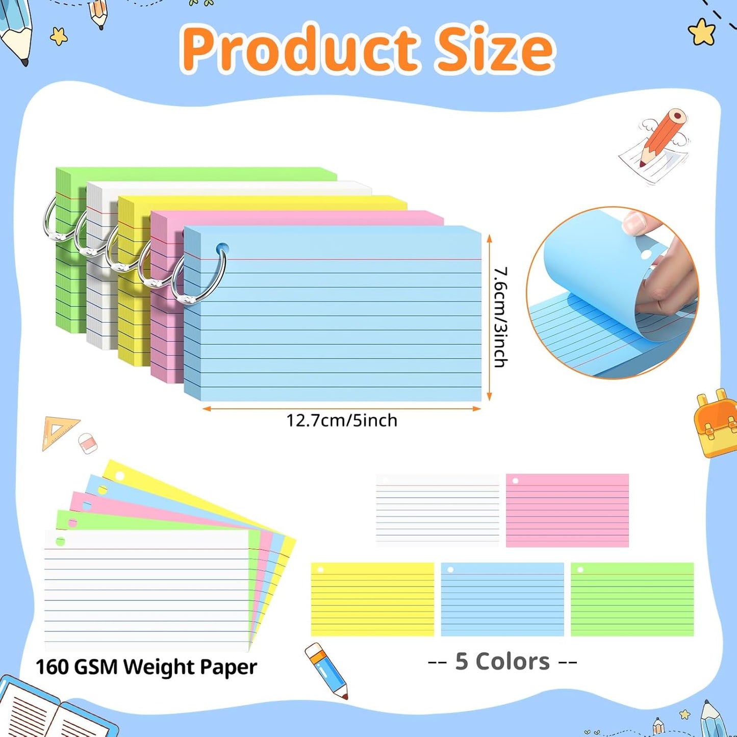 Index Cards 3x5 Inches, 300 PCS, Colored Flash Cards With Ring, Punched Lined Study Card Ruled Flashcards Notecards, Ruled Front And Blank Back, Note Card for School, College And Home