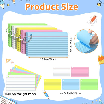Index Cards 3x5 Inches, 300 PCS, Colored Flash Cards With Ring, Punched Lined Study Card Ruled Flashcards Notecards, Ruled Front And Blank Back, Note Card for School, College And Home