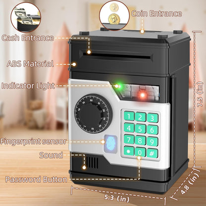 Piggy Bank, Automatic Electronic Piggy Bank for Kids Boys Girls with Password and Fingerprint Unlocking Simulation, Money Bank Kids Safe Toys for 3 4 5 6 7 8 9 10 Year Old Boy Girl (Black)