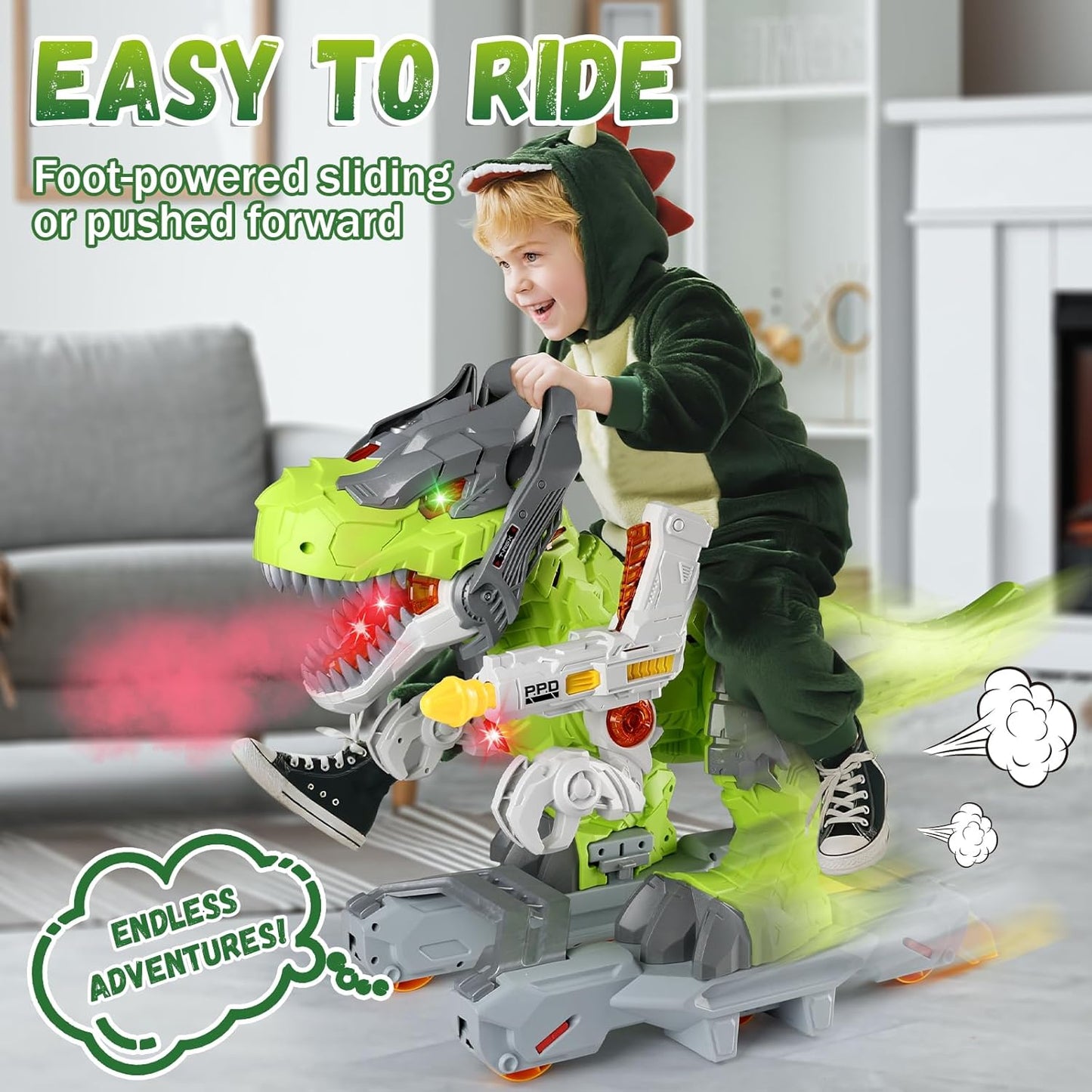 Kids Electric Dinosaur Ride On Toys, Toddler Ride On Cars with Music, Light & Smoke, Preschool Kids Scooter Foot-to-Floor Walker, Toddler Electric Car Toy Chrismas Birthday Gifts Indoor Outdoor,Yellow