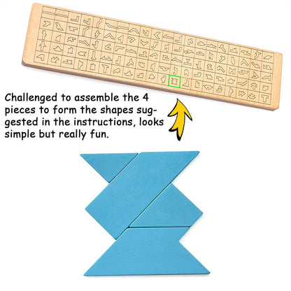 KINGOU Wooden T Puzzle Brain Teaser with 100 Challenges, Geometric Tangram Puzzles for Kids & Adults, Advanced Stem Logic Game with Wood Base, Educational Shape Pattern Blocks Travel Toy Gift