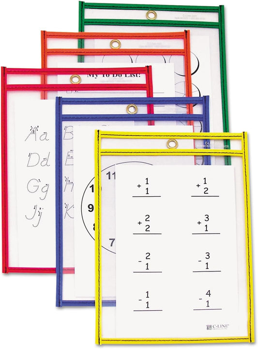 C-Line Reusable Dry Erase Pockets, 9 x 12 Inches, Assorted Neon Colors, 25 Pockets per Pack (40820)