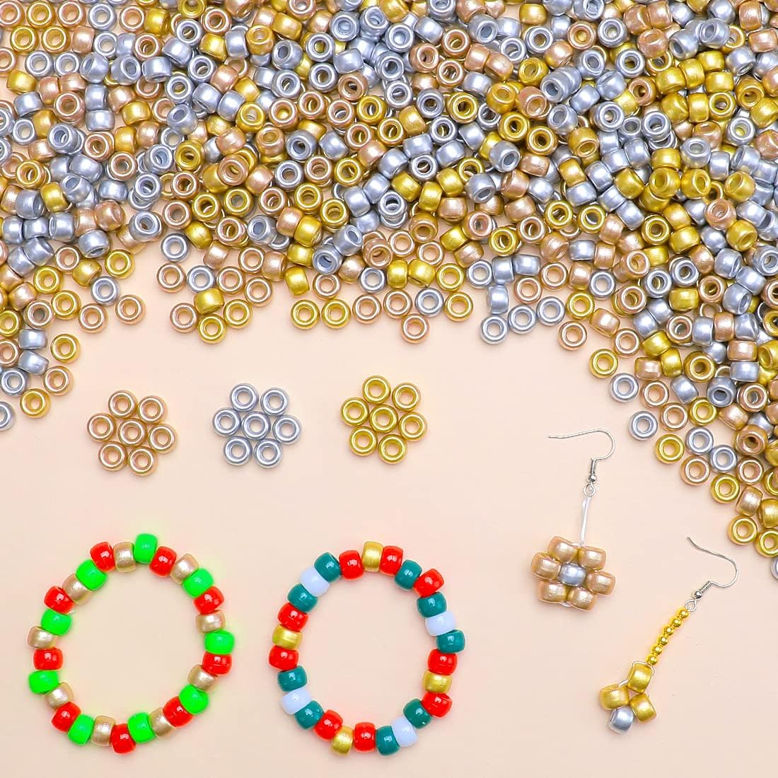 1200pcs Pony Beads Bulk – Gold 6x9mm Plastic Craft Beads for Bracelets, Jewelry, Hair Braiding & DIY Projects