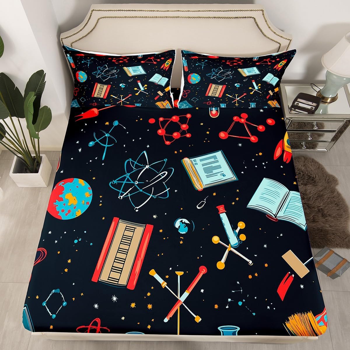 Erosebridal Science Theme Bed Sheets Set Full Size for Boys Girls Chemistry Periodic Table Print Sheet Set Chemical Subject Theme Sheets Teens Kids Math Science Atyle Fitted Sheet 4 Pcs