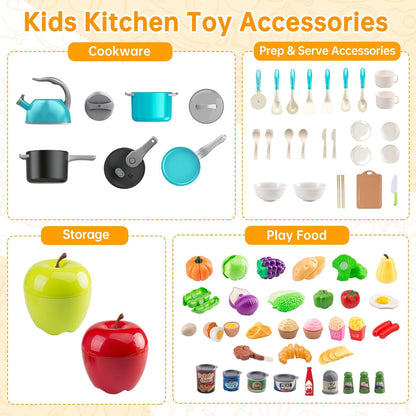 130Pcs Kitchen Playset, Toddler Pretend Cooking Play Pots, Pans, Utensils Cookware, Daily Food Fruit Veges, Shopping Storage Basket, Dessert, Prop Money, Learning Gift for Child (Pink)