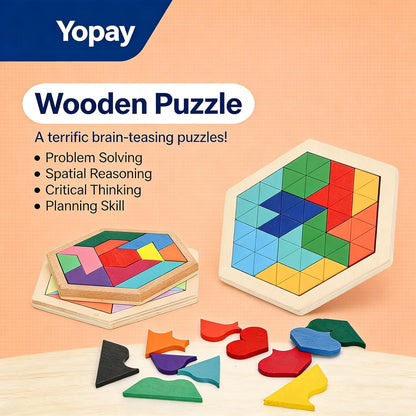 Yopay 6 Pack Wooden Tangrams Puzzles for Kids, 6 Styles Brain Teaser Hexagon Puzzle Block Geometric Shapes Jigsaw 3D Logic IQ Game