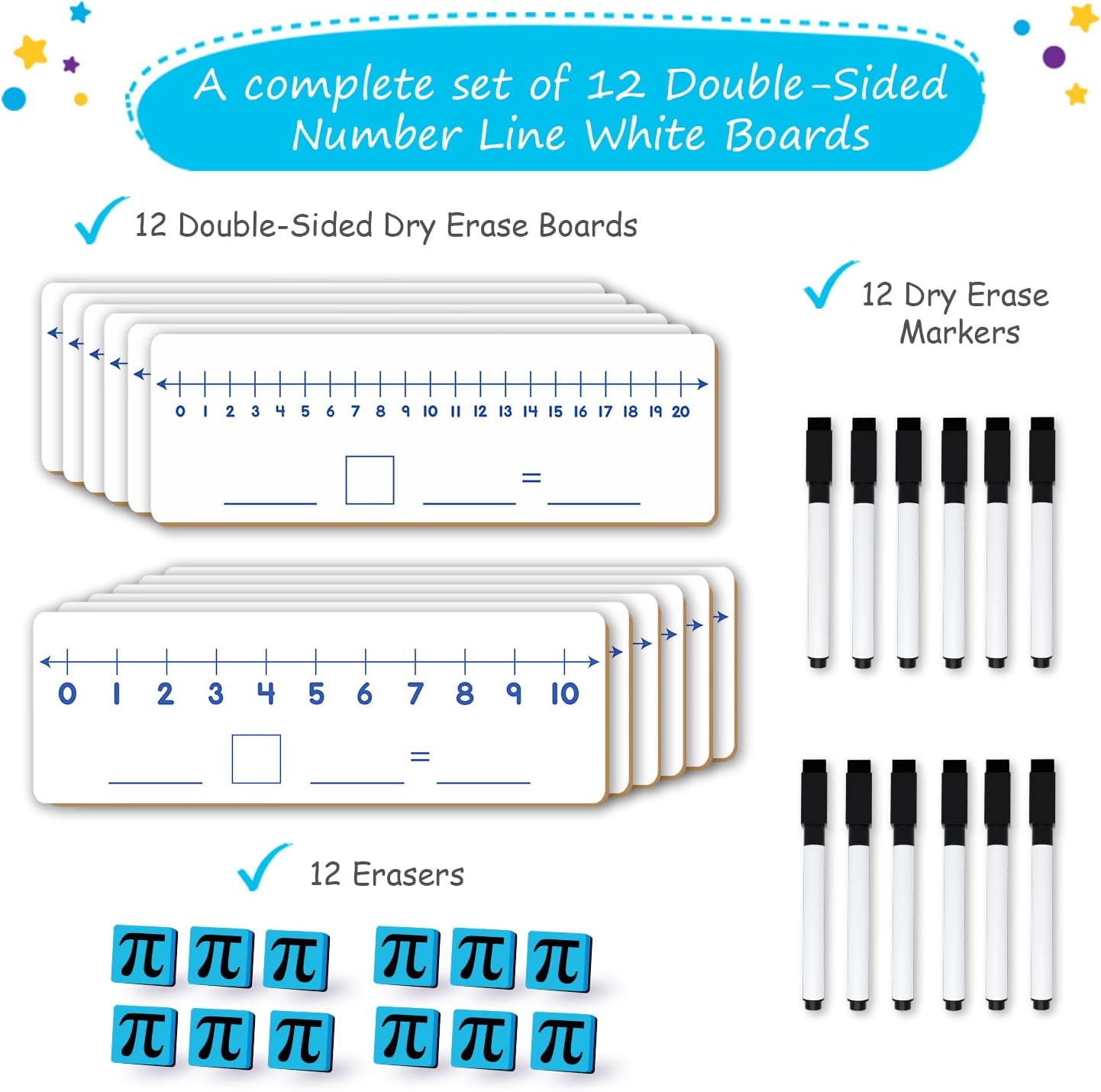 12-Pack Double-Sided Dry Erase Number Line White Boards - 4"x12", Elementary Numberline Strips, White Boards for Students, Math Manipulatives Must Haves, Number Line for Classroom Set - Simply Magic