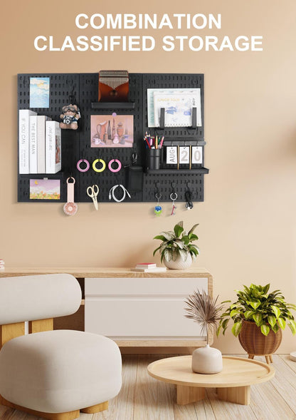 Pegboard Wall Organizer Kit – Heavy Duty 20lbs Load Bearing, Easy Installation, 4 Peg Board Panels 14 Accessories – Multi-Surface Use For Garage, Office, Kitchen & Crafts (White Pegboard,24″×24″)
