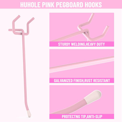 HUHOLE 50-Pack Pink Pegboard Hooks 2 Inch, Decorative Metal Peg Board Hangers with Rubber Safety Tips, Fits 1/8" & 1/4" Boards, Heavy Duty Organizer for Craft Room, Nursery, Garage & Retail Display