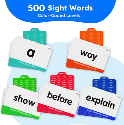 BenBen Sight Words & Phonics Flash Cards, 500 Sight Words & 24 Phonics, 800+ Words, Learn to Read Dolch & Fry High Frequency Site Words for Pre-k Kindergarten 1st 2nd 3rd Grade Kids Ages 3-9