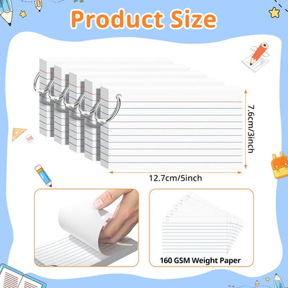 Index Cards 3x5 Inches, 300 PCS, Colored Flash Cards With Ring, Punched Lined Study Card Ruled Flashcards Notecards, Ruled Front And Blank Back, Note Card for School, College And Home