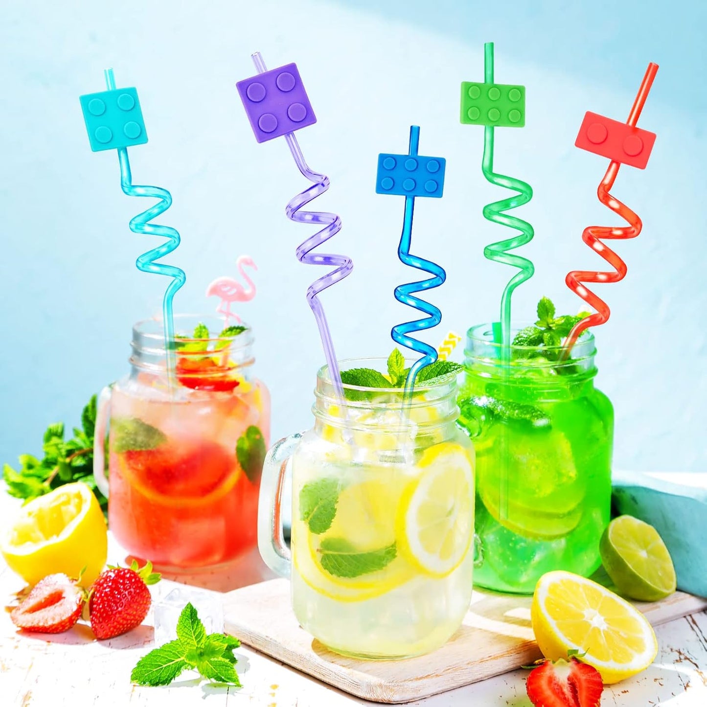 24 Pcs Building Blocks Theme Drinking Straws - 8 Colors Reusable Straws for Adults Brick Themed Gatherings Accessories With 2 Cleaning Brushes