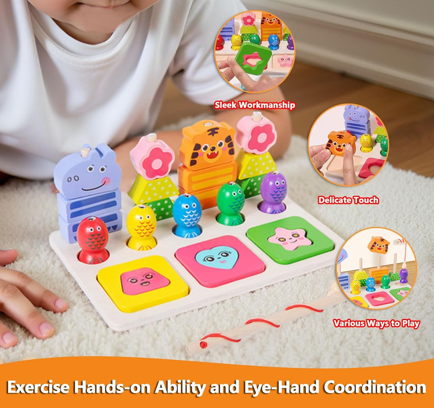 Wooden Montessori Toys for 3 Year Old，Shape Sorter Stacking Games, Fishing Games Preschool Learning Educational Toys for Boys Girls Toddlers (Little Bee)