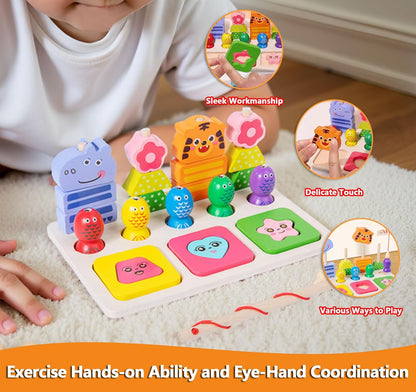 Wooden Montessori Toys for 3 Year Old，Shape Sorter Stacking Games, Fishing Games Preschool Learning Educational Toys for Boys Girls Toddlers (Little Bee)
