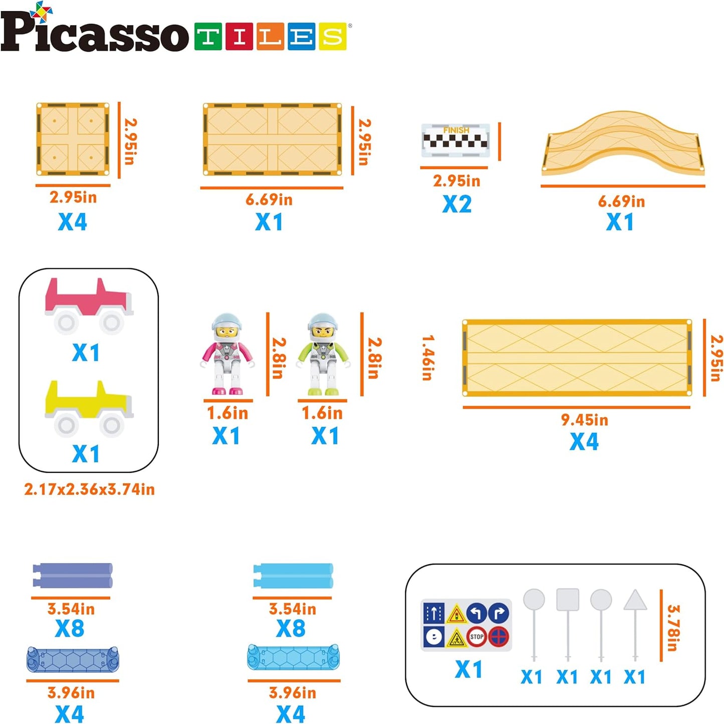 PicassoTiles 50pc Racecar Track Magnetic Tiles Educational Kids Toy with 2 Light Up Trucks STEM Preschool Learning Magnet Tile Toddler Toys Boys Girls Ages 3+ Blocks Game Puzzles Build Playset PTR50