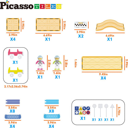 PicassoTiles 50pc Racecar Track Magnetic Tiles Educational Kids Toy with 2 Light Up Trucks STEM Preschool Learning Magnet Tile Toddler Toys Boys Girls Ages 3+ Blocks Game Puzzles Build Playset PTR50