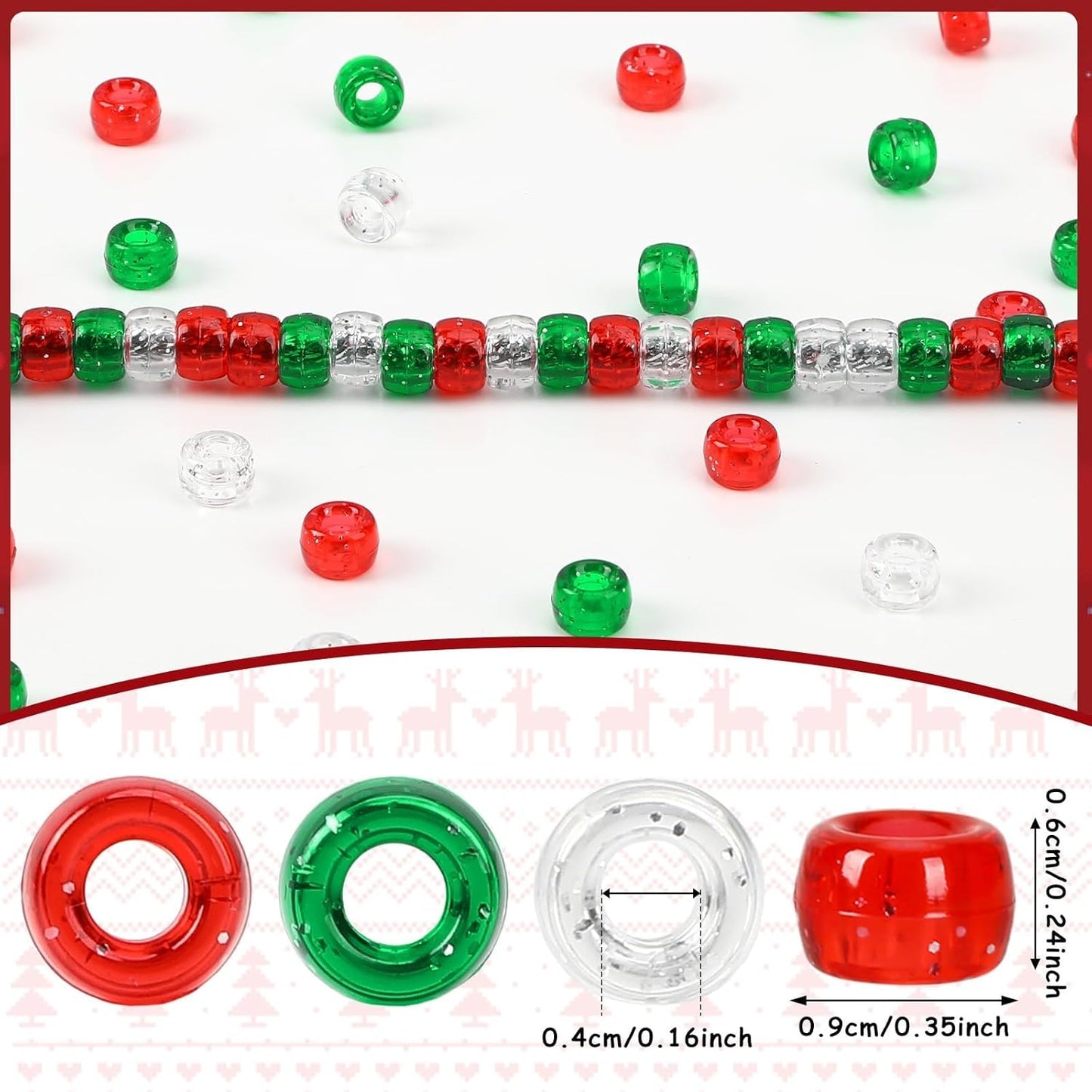 UPINS 1200Pcs Christmas Pony Beads Friendship Plastic Small Hair Beads Red Green White Pony Beads for Necklace Supplies (Christmas)