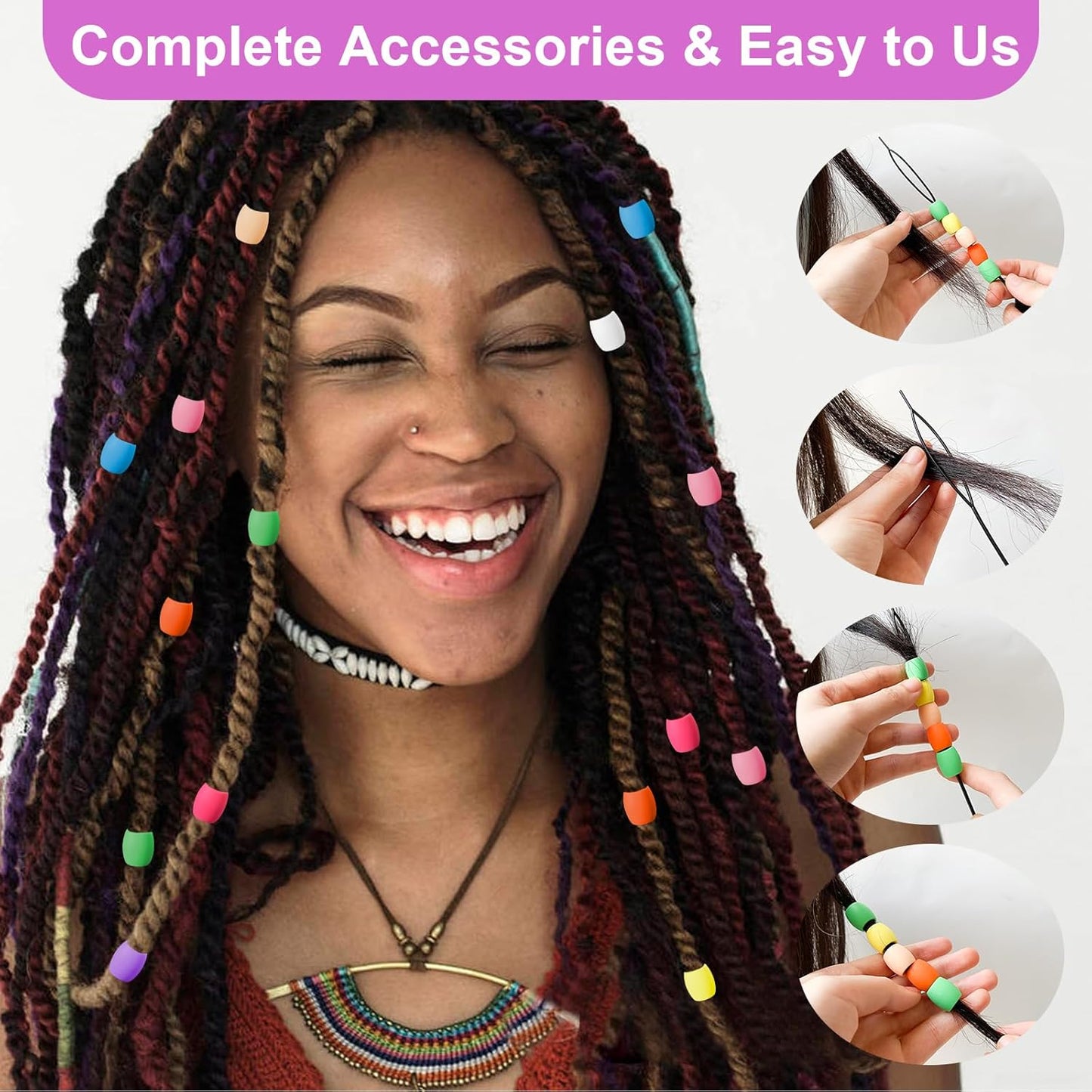 Jongdari 120pcs Silicone Hair Beads for Girls, Colorful Rainbow Large Soft Rubber Pony Beads Kit - 120pcs, 10 Colors