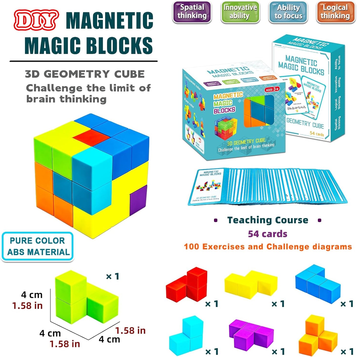 Magnetic Building Blocks Magic Magnetic 3D Puzzle Cubes, Set of 7 Multi Shapes Magnetics Blocks with 54 Guide Cards, Children's Educational Toys and Stress Relief Fidget Toys for Kids Adults