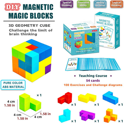 Magnetic Building Blocks Magic Magnetic 3D Puzzle Cubes, Set of 7 Multi Shapes Magnetics Blocks with 54 Guide Cards, Children's Educational Toys and Stress Relief Fidget Toys for Kids Adults