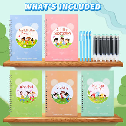 Grooved Magic Practice Copybook, Reusable Writing Practice Book, for Preschool Kids Age 3-8 Calligraphy (5 Books with 40 Pens) (Colorful)
