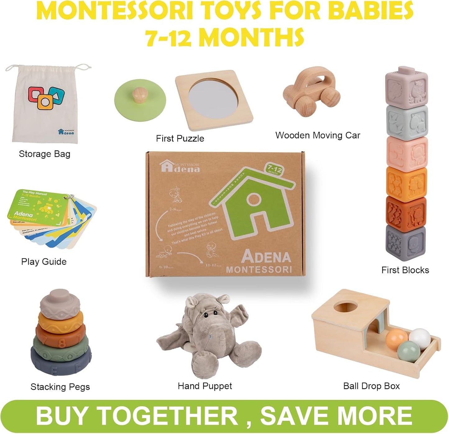 Adena Montessori Play Kit for 13-18 Month Baby,8 in 1 Toy,Colorful Stacking&Nesting Cup,Coin Bank,Coins,Carrots Lid,Carrots,Posting Lid,Flexble Stacker,Bead Kit,Shape Puzzle,Pound&Tap Hammer Bench
