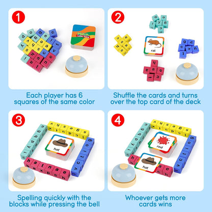Edulok Word Race Cube - Preschool Wooden Alphabet Letter Blocks & Phonics Matching Games - CVC Word Learning Toys
