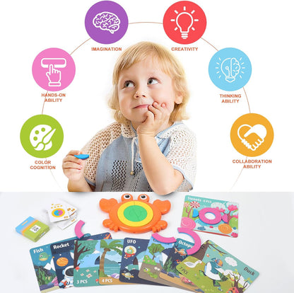 Crabzzle Educational Puzzles for Kids Ages 3+, 2-in-1 Match Picture Fraction Learning Brainteaser Toy