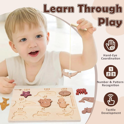 Adena Montessori Natural Wood Wooden Toy Magnetic Fishing Game, Wooden peg Puzzle 2 in 1 for Toddlers, Wooden Puzzle for 2-3 Years Old, Puzzle with Digital Ocean Animal Advanced Toys for 2 Year Old