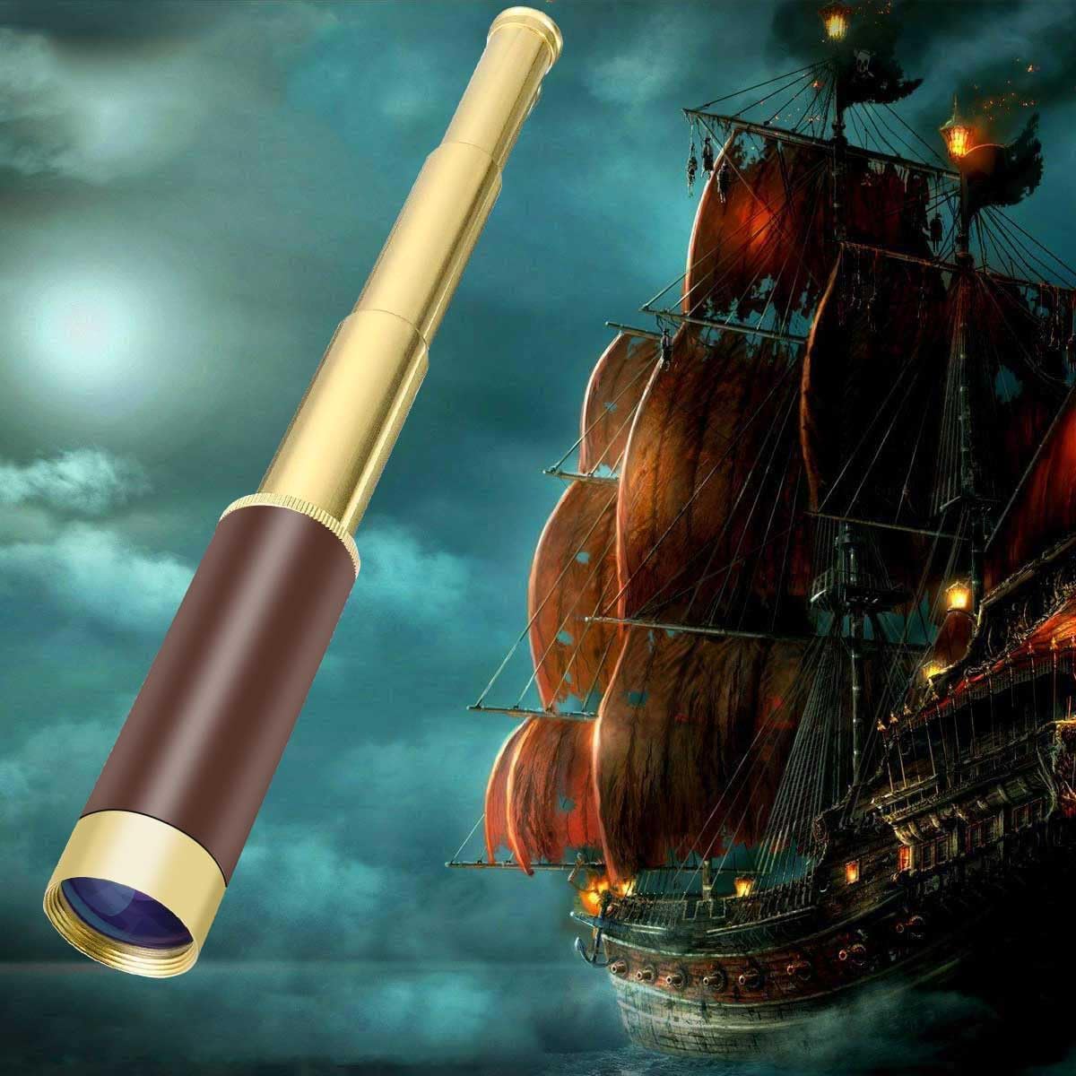 Pirate Monocular Telescope for Kids & Adults 25x30 High Powered Zoomable Collapsible Brass Handheld Waterproof Telescope Monocular for Cruise Ship Travel Watching Games Hiking Hunting