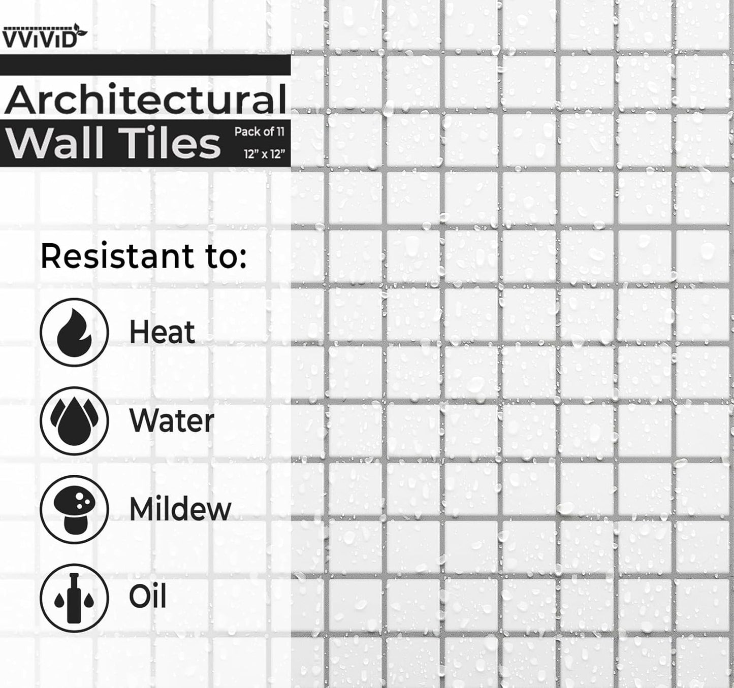 VViViD 11 Sheets Peel and Stick Grey Gloss Faux Ceramic Brick Wall Tiles, Self Adhesive Backsplash 12”x12”, 2mm Thick Kitchen, Bathroom (11 sq. ft.)