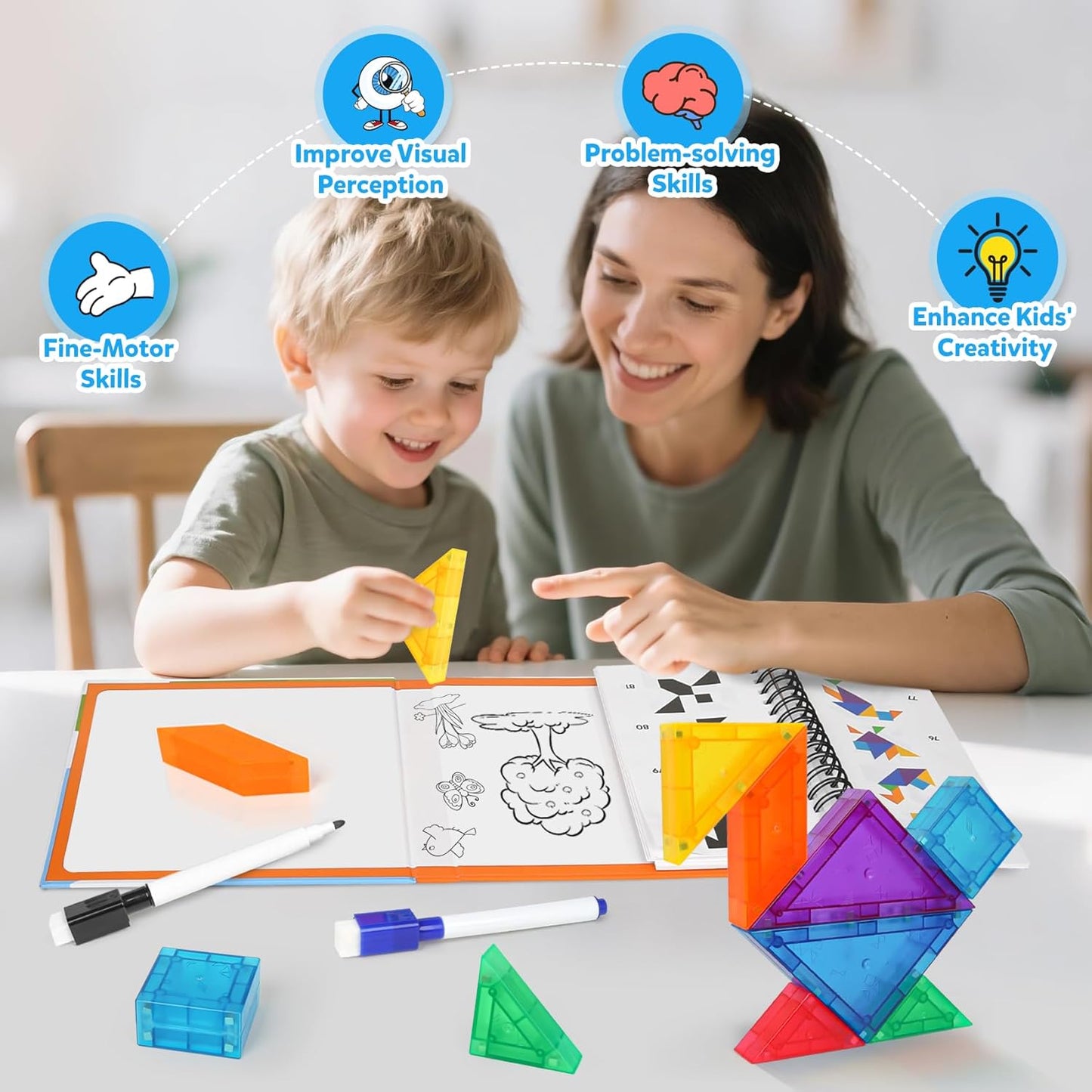USATDD Travel Tangram Puzzle with 2 Set, Magnetic Pattern Blocks Road Trip Travel Games Jigsaw Montessori Brain Blocks IQ Book with 368 Solution Brain Teasers for Kids Adults Challenge