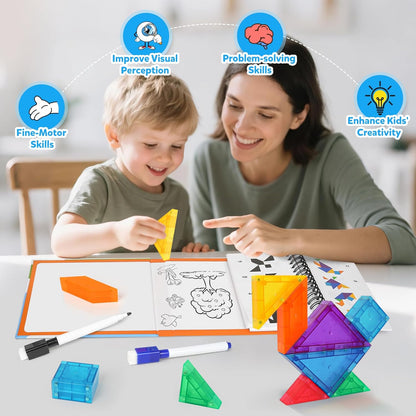 USATDD Travel Tangram Puzzle with 2 Set, Magnetic Pattern Blocks Road Trip Travel Games Jigsaw Montessori Brain Blocks IQ Book with 368 Solution Brain Teasers for Kids Adults Challenge
