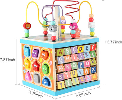 Qilay Wooden Activity Cube for Toddlers (Large), 5 in 1 Multipurpose ABC-123 Abacus Bead Maze Shape Sorter | Early Educational Toy for Toddlers - First Birthday Present for Boys Girls