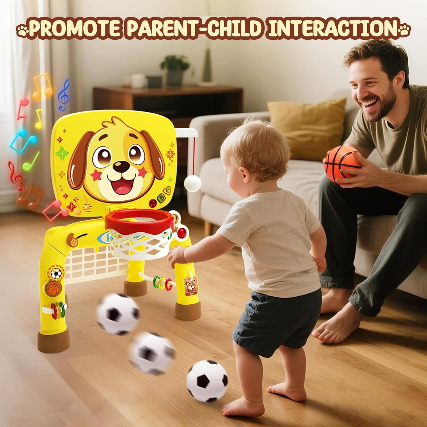 Toys for 1 Year Old Boy - Toddler Basketball Hoop & Soccer Goal & Baseball Activity Center with Light Sound Music, Puppy Montessori Sports Toy, Christmas Birthday Gift for Baby 12-18 Months, Yellow