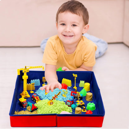 GarveeLife Kids Sand Kit, 43PCS Set w/Tools, 6 Construction Trucks & Castle Molds, Foldable Sand Box Storage Bin Tote, Toys for Boys Girls