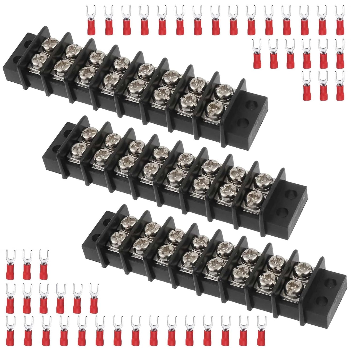 3sets 10 Position Terminal Strips， Dual Screw Terminals Block Strip with 16-14AWG Insulated Fork Wire Connectors for Electrical Wiring