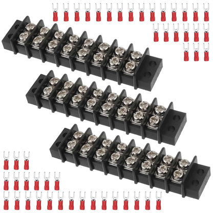 3sets 10 Position Terminal Strips， Dual Screw Terminals Block Strip with 16-14AWG Insulated Fork Wire Connectors for Electrical Wiring