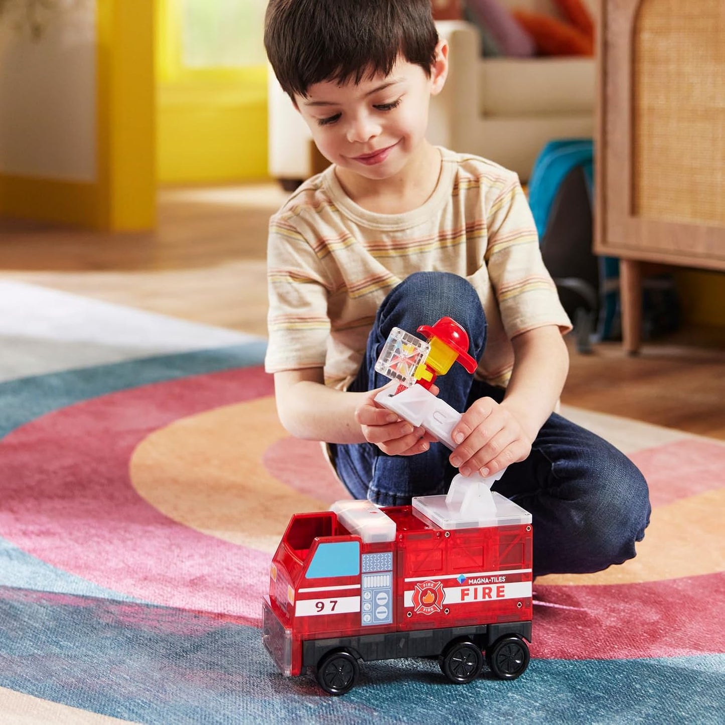 Magna-Tiles Fire Station 50-Piece Magnetic Construction Set, The Original Magnetic Building Brand