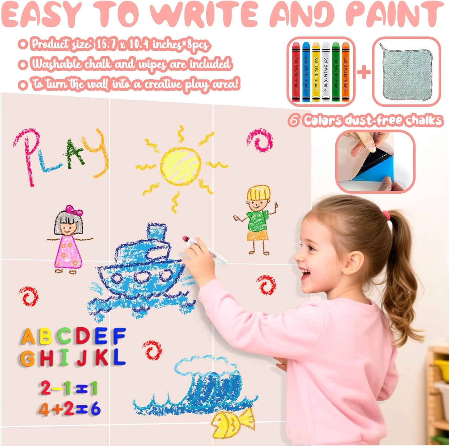 8 PCS Magnetic Wall Decals for Kids Magnetic Chalkboard Peel and Stick Magnet Sheets Board Sticker Tangram Puzzle Self Adhesive Contact Paper Dry Erase Blackboard for Playroom Homeschool 15.7"x10.4"